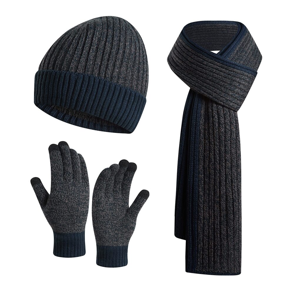 2827 Winter Knitted Beanie Hat Scarf & Touchscreen Gloves 3PCS Set Fleece